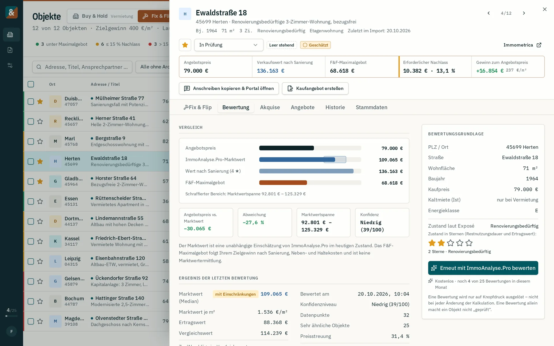 Bewertungsreiter: ImmoAnalyse.Pro-Marktwert mit Spanne, Konfidenz, Ertragswert und Vergleichsobjekten