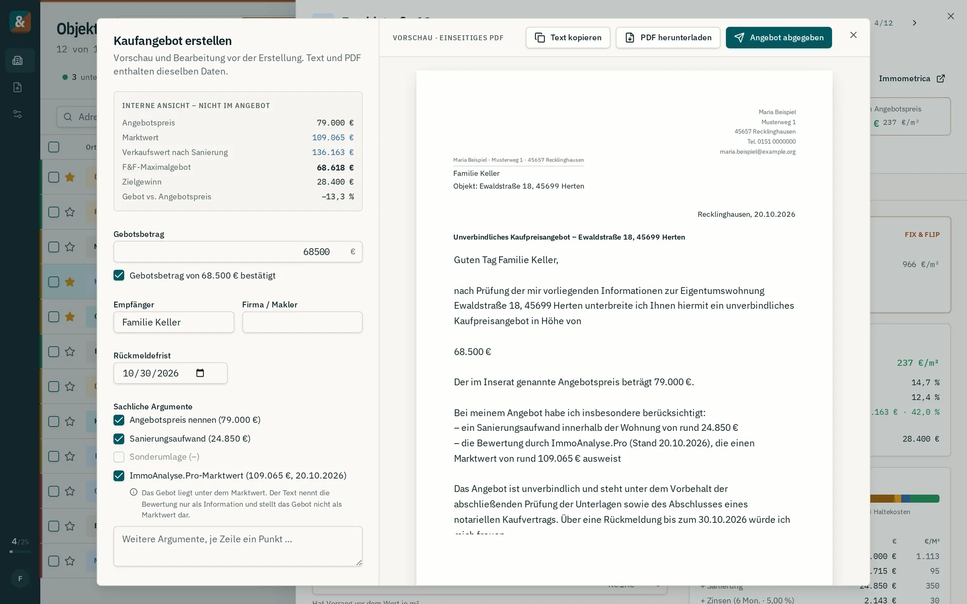 Kaufangebot-Generator: Gebotsbetrag, sachliche Argumente und Vorschau des einseitigen PDF-Angebots